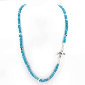Blue Apatite Faceted Gemstone Beaded Necklace with Flying Song Bird in 