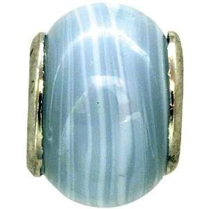 Bead At A Time 14x8mm Glass Bead w/Silver Light Blue w/White Swirl 