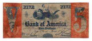1860s $5 Bank of America New York, NY Obsolete Note  