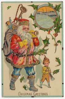 Christmas Postcard of Santa with a Bag of Toys Playing the Horn  
