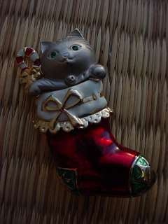 Cute Pewter Cat in Stocking Christmas Pin Brooch Rhinestones signed 