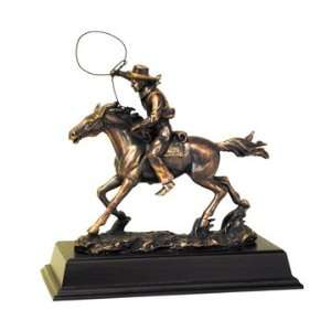Cowboy Sculpture on Horseback with Rope   Copper Finish   11 Tall x 
