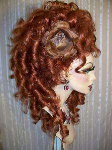 Drag Queen Wig Big Teased Red Updo Long One Side Curls  