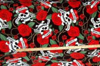 Goth Skulls Roses Blk Anti Pill Fleece Fabric BTY  