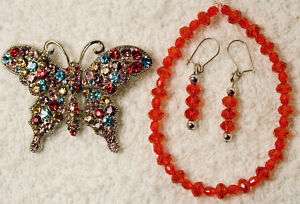 vintage jewelry set multi color BUTTERFLY pin brooch earrings bracelet 