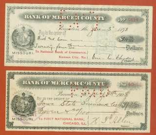  Princeton Mo Bank Of Mercer County ~ 2 Checks State Seal of Missouri
