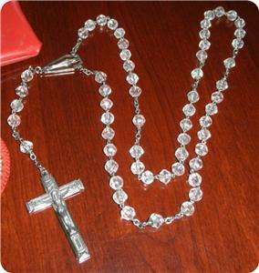 Vintage Clear Smooth Glass Bead & Silver Plate ROSARY w Zip Case 