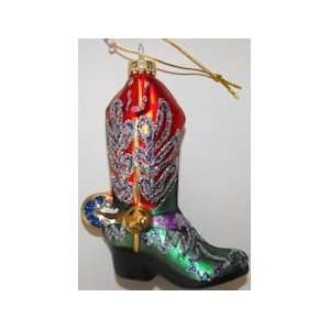  Glass Cowboy Boot Ornament Blue Spur