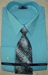 New Mens Croft&Barrow Aqua Blue Dress Shirt and Tie Set   Classic Fit 