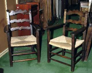 FRENCH ANTIQUE COUNTRY PAIR OF RUSH ARMCHAIRS CHAIRS  