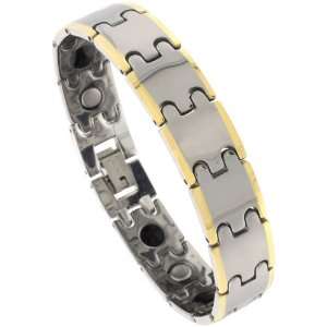 Tungsten Carbide Magnetic Therapy Bracelet, 2 Tone Gun Metal & Gold w 