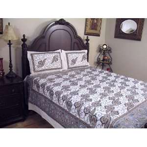 Paisley India Cotton Bedding 3P White Block Print Bed Sheet Sets w 