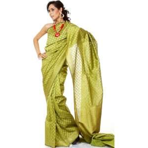 Turtle Green Banarasi Sari with All Over Thread Weave   Cotton Silk 
