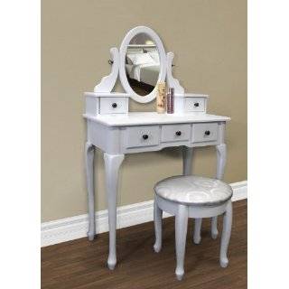 White Vanity Table Set Jewelry Armoire Makeup Desk Bench Drawer