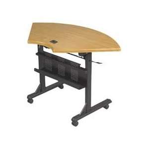   simply releasing a lever. Once raised, table can be easily rolled out
