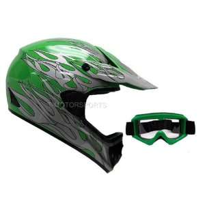 TMS Green Flame Dirt Bike ATV Motocross Helmet with Goggles (Medium)
