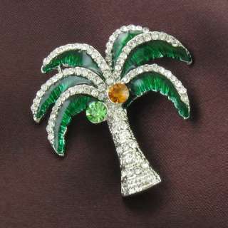 Palm Tree Leaf Tropical Hawaii Green Clear Stones Brooch Pin Pendant 