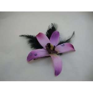NEW Purple Orchid with Crystals and Feathers Hair Flower Clip, Limited 