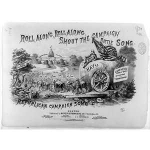  Roll along,shout,campaign battle,sheet music cover,1876 