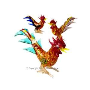  Art Glass Fused Blown Set 3 Rooster Figurines