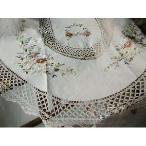  Hand Crochet Lace Silk Ribbon Embroi Oval Table Cloth 