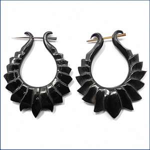   Black Horn Stick Earrings, Blossom Hoops, Bali Hand Carving  