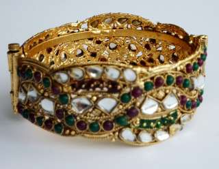 Bollywood India Antique Gold RED GREEN Wave Cuff Bangle  