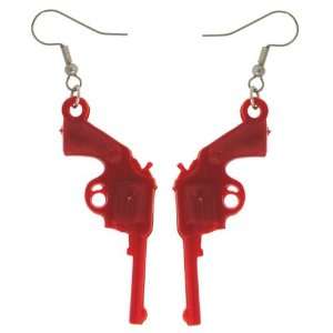Gun Charm Earrings In Red with Silver Finish