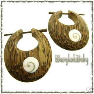 Palm Wooden/Shiva Eye Shell ORGANIC EARRINGS/Wood Pins  