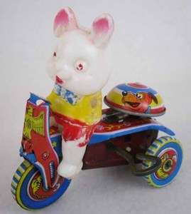 Vintage Japanese Wind Up Tin & Plastic Toy Rabbit Riding a Bicycle 