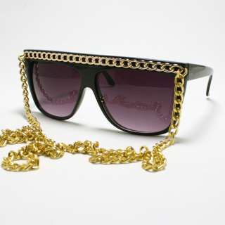 Celebrity Pop Star Fat GOLD CHAIN Sunglasses Flat Top BLACK Oversized 