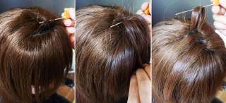   Pull users hair sequentially through the 3 slits on the hair piece