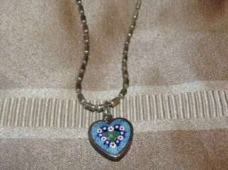 VINTAGE MILLEFIORI MURANO GLASS ITALY STERLING SILVER HEART NECKLACE 