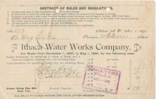 Antique ITHACA, NY. WATER WORKS Co., Billhead c1895  
