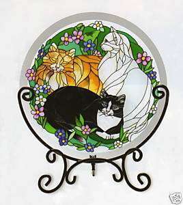 TIFFANY CATS * 10 BEVELED GLASS TABLE TOP PANEL wSTAND  
