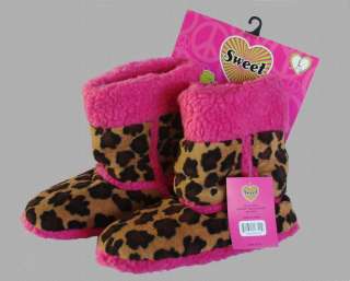 Leopard Cheetah Print & Hot Pink Plush Furry Tall Slippers Booties Wms 