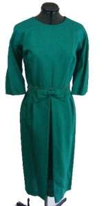 Vintage 60s Bright Teal Green Silk Shantung Cocktail Dress Bow M L 29W 