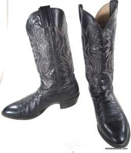 Vtg USA Made Nocona Black Leather Cowboy Boots RED BLUE WHITE 