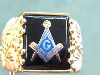 10k yg Black Hills Gold Masons onyx w blue enamel ring sz 10 3/4 