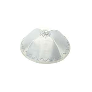  Terylene Kippah with Silver Line Pattern and Flower in 