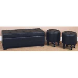  Black Leather Bench + 2 Footstools