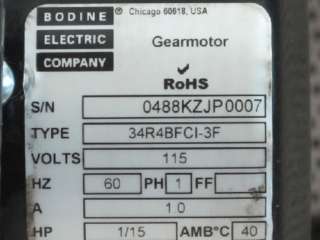 BODINE ELECTRIC 34R4BFCI 3F AC GEARMOTOR 1/15HP 115V 170RPM 