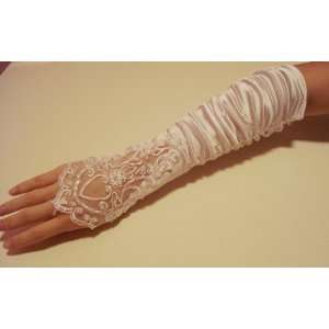  Ivory Flowers Bridal Glove Fingerless Satin Lace Pearl G4 