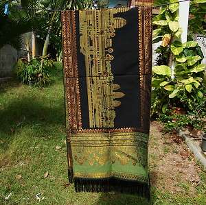 LARGE THAI TABLE BED RUNNER BLACK GREEN GOLD 19in x 76in  