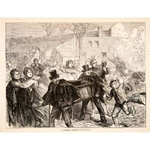  1874 Wood Engraving Funeral Siege People Smoke Explosion 