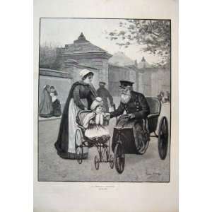  1894 Woman Child Pushchair Meeting Policeman Old Print 