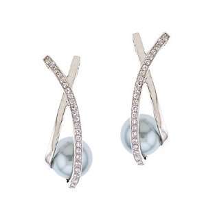  Swooping X Tahitian Pearl CZ Diamond Silver Earrings 