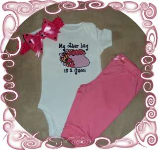 BABY GIRL ONESISE SET~GUCCI BAG~ 0 3 M, SHOWER GIFT,PANTS SET,HEADBAND 
