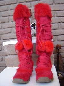 FIRE ENGINE RED Fuzzy Knee Hight Boots, size 8 Soooo CUTE