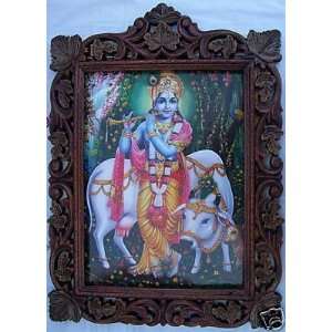    Religious Lord Krishna with Cow, Wood Craft Frame 